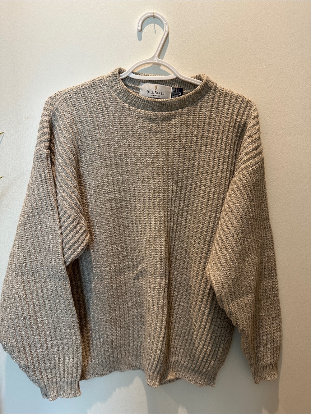 bill blass Men's Tan Crewneck Ribbed Knit Sweater
